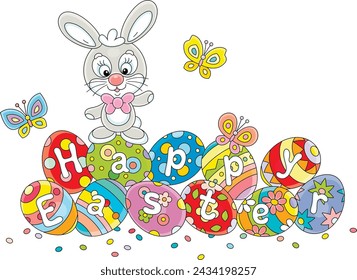 Greeting card with a happy Easter bunny and colorfully painted gift eggs with merrily flying butterflies, vector cartoon illustration isolated on a white background