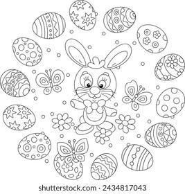 Greeting card with a happy Easter bunny and painted gift eggs with merrily flying butterflies, black and white outline vector cartoon illustration for a coloring book