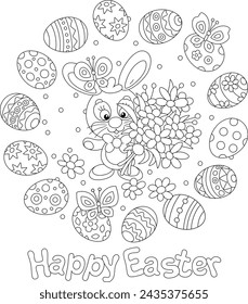 Greeting card with a happy Easter bunny, spring flowers and painted gift eggs with merrily flying butterflies, black and white outline vector cartoon illustration for a coloring book