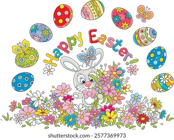 Greeting card with a happy Easter bunny, spring flowers and colorfully painted gift eggs with small butterflies merrily flying around, vector cartoon illustration on a white background