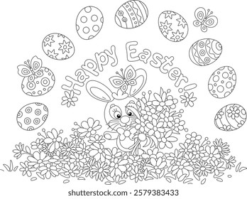 Greeting card with a happy Easter bunny, spring flowers and painted gift eggs with merrily flying butterflies, black and white outline vector cartoon illustration for a coloring book