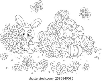 Greeting card with a happy Easter bunny holding a bouquet of spring flowers and celebratory painted gift eggs with small butterflies flying merrily around, vector cartoon illustration