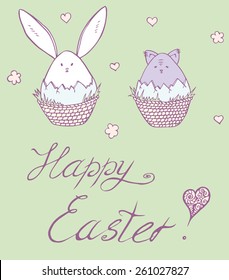 greeting card "Happy Easter" with the Bunny and the cat in baskets