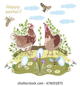 Greeting card (Happy easter!). Chickens, eggs, butterflies and flowers on rural landscape. Pastoral scene. White background. Vector 10.