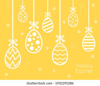 Tarjeta de saludo Feliz Pascua con huevos de colores sobre fondo amarillo. Tarjeta de saludo de ilustración vectorial, anuncio, promoción, afiche, volante, banner web, artículo.