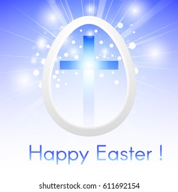 greeting card Happy Easter with a Cross inside an Easter egg on a blue sky with rays of light shining
