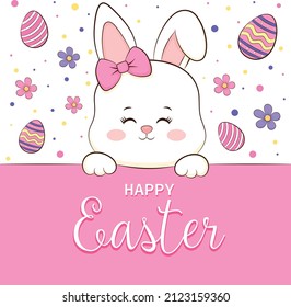 Greeting card Happy easter with cute bunny and easter eggs