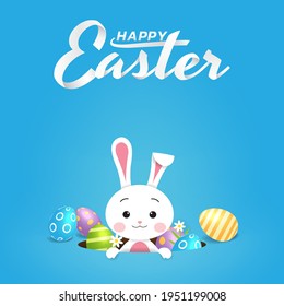 Greeting card Happy Easter day concept, Cute white rabbit pops out of the hole, Beautiful painted eggs on blue background, Vector illustration