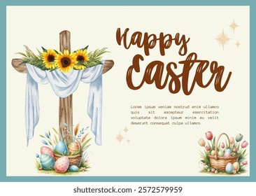 Greeting card Happy Easter design template background with cross and eggs. vector illustration easter celebration and tradition. Banner, poster, flyer.