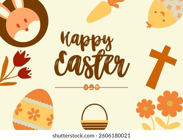 Greeting card Happy Easter design template background with cross, carrot, flower and egg. vector illustration easter celebration and tradition. Banner, poster, flyer.
