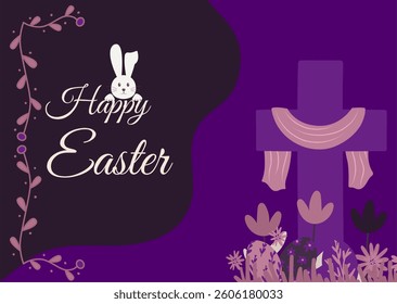 Greeting card Happy Easter design template purple background with cross and eggs. vector illustration easter celebration and tradition. Banner, poster, flyer.