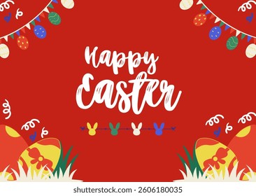 Greeting card Happy Easter design template red background with eggs. vector illustration easter celebration and tradition. Banner, poster, flyer.