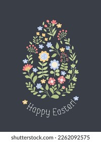 Greeting card Happy Easter. Egg from spring decorative flowers and leaves. Vector illustration in flat style