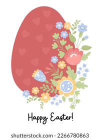 Greeting card Happy Easter. Egg and spring decorative flowers. Vector illustration