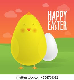 Greeting Card, Happy Easter. Egg and cute chick. Realistic vector illustrations