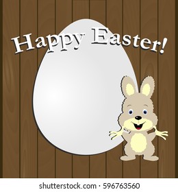greeting card happy Easter egg and cute Bunny. on the background of wooden boards. baby vector illustration. template for celebration