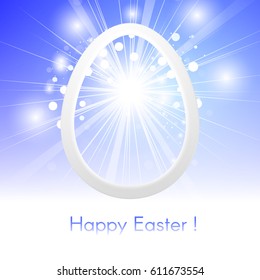 greeting card happy easter with easter egg on a blue sky with rays of light shining