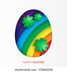 Greeting card with Happy Easter - with Easter Egg,rainbow and clover. Vector illustration