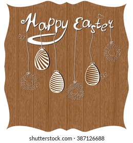 Greeting card happy easter with eggs and flowers and butterfly on wood