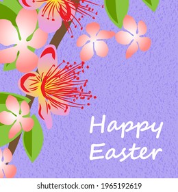 Greeting card Happy Easter, floral banner, frame bouquet flowers with red. pink spring flowers, isolated on colorful  backgrouind , holiday vector illustration