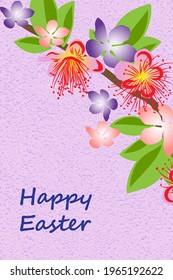 Greeting card Happy Easter, floral banner, frame bouquet flowers with red. pink spring flowers, isolated on colorful  backgrouind , holiday vector illustration