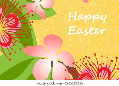 Greeting card Happy Easter, floral banner, frame bouquet flowers with red. pink spring flowers, isolated on colorful  backgrouind , holiday vector illustration