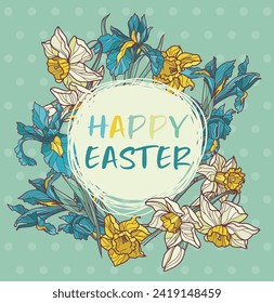 Greeting card for happy Easter with floral ornate, vector illustration 