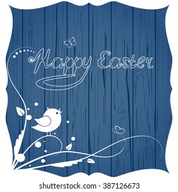 Greeting card happy easter with flowers and bird on wood