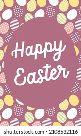 Greeting card Happy Easter funny colourful on purple background