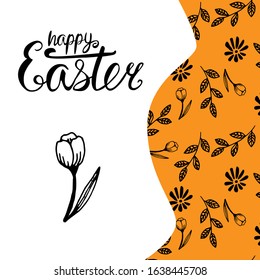 Greeting card, Happy Easter greetings with floral ornaments on an orange background, lettering


