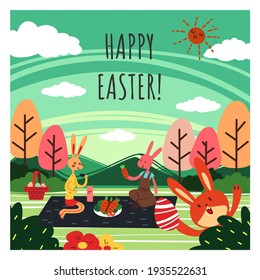 A greeting card of Happy Easter with a group of bunnies celebrate Easter Day together at the forest in sunny day with Happy Easter text at the center.