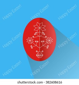 Greeting card Happy Easter,  inscriptions on a blue. Bright red Easter egg with white traditional ukrainian ornaments, on a light blue background, vector
