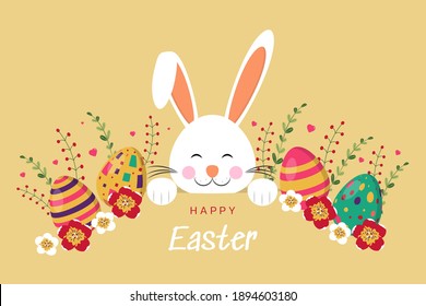 Greeting card with Happy Easter letter. Cute bunny. Ears and tiny muzzle with a mustache. Colored eggs, flowers and branches. Vector illustration isolated on a yellow background.