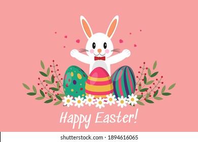 Tarjeta de saludo con carta de Pascua Feliz. Hermoso. Huevos de colores, flores y ramas. Ilustración vectorial aislada en un fondo rosado.
