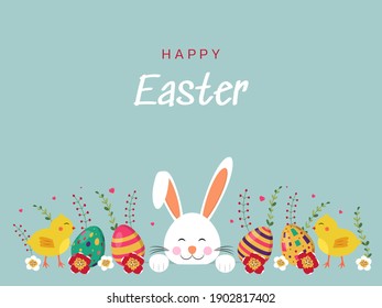 Greeting card with Happy Easter letter. Cute bunny and small chicks. Colored eggs, flowers and branches. Vector illustration isolated on a blue background.