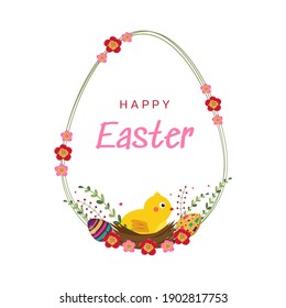 Greeting card with Happy Easter letter. Cute chicken in the nest. Colored eggs, flowers and branches. Vector illustration isolated on a white background.