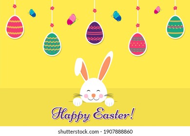 Greeting card with Happy Easter letter. Cute bunny. Ears and tiny muzzle with a mustache. Colored eggs, butterflies and flowers. Vector illustration isolated on a yellow background.