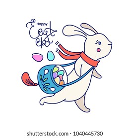 Greeting card. Happy Easter lettering and cute bunny with bag of colored eggs isolated on white. Vector illustration.