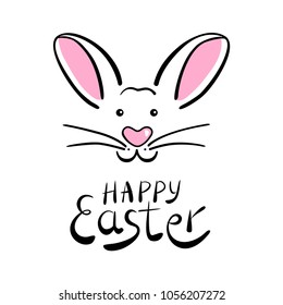 Greeting card with Happy Easter lettering. Easter bunny vector illustration. Hand drawn muzzle of bunny. 