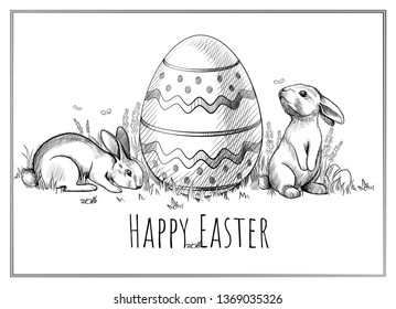 Greeting card with Happy Easter lettering. Background with hand drawn egg and two Easter Bunnies. Vector sketch of Paschal rabbits sitting on the grass. Egg hunt.