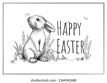 Greeting Card With Happy Easter Lettering. Background With Hand Drawn Easter Bunny. Vector Sketch Of Paschal Rabbit Sitting On The Grass. Egg Hunt.