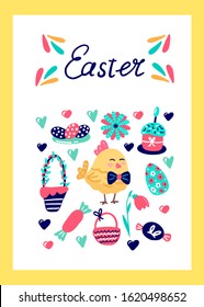 Greeting card Happy Easter. Lettering Easter. Set of cute easter elements and funny chicken.