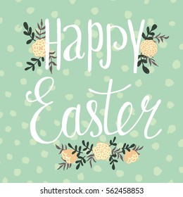 Greeting card Happy Easter, lettering with small bouquets