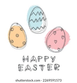 Greeting card for Happy Easter. Minimalistic handdrawn line art illustration with patterned easter chicken eggs. Doodle pattern Heart, zigzag, circle. Brush stroke. Watercolor spot. Hand written text