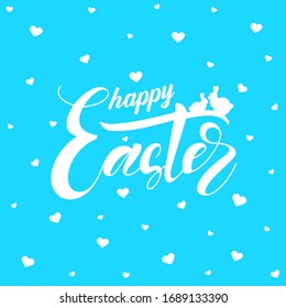 Tarjeta de saludo Feliz Pascua con fondo azul con corazones blancos 