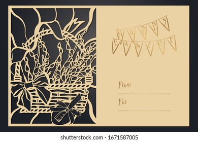 Tarjeta de saludo Feliz Pascua. Planta de corte por papel, corte por láser. Motivo rústico para la tarjeta de apertura.