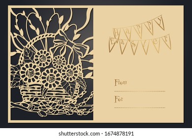 Greeting card Happy Easter. Papercut template, laser cutting. Rustic motif for openwork card.