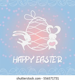 Greeting card Happy Easter pastel colors, boy girl white little baby Easter rabbit dancing, give pink heart. Vector illustration, cartoon hand drawn character. Funny bunny fall in love, Easter egg.