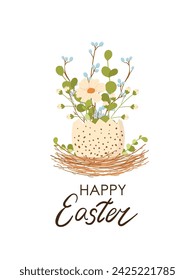 Greeting card, "Happy Easter", pre-made design of a flyer, banner, poster, vector illustration on a white background, beautiful Easter flower arrangement, Easter egg