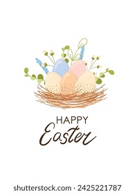Greeting card, "Happy Easter", pre-made design of a flyer, banner, poster, vector illustration on a white background, beautiful Easter flower arrangement, Easter egg